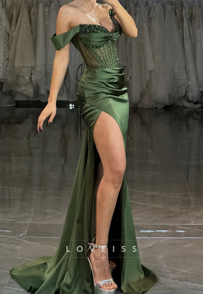 Off-Shoulder Sleeveless Beaded Sequins Pleated Side Slit Sheath Prom Dress