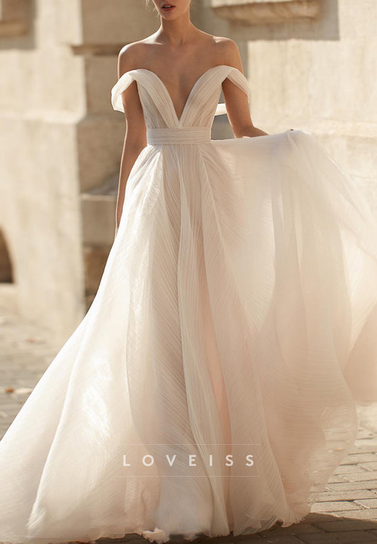 V-Neck Long Sleeves Pleated A-Line Wedding Dress
