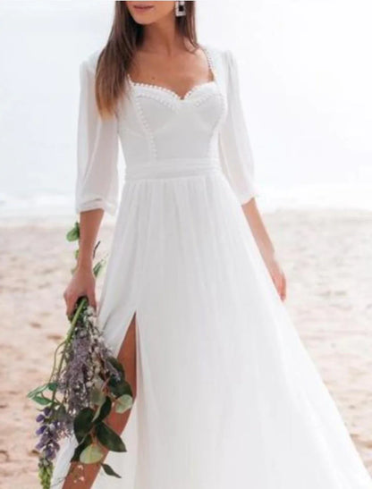 Beach Little White Dresses Wedding Dresses A-Line Square Neck Long Sleeve Floor Length Chiffon Bridal Gowns With Ruched Split Front