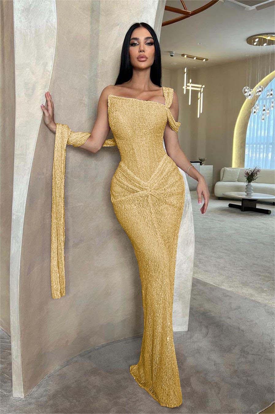 Lussooy Sage Shinning One Shoulder Sequins Sleeveless Split Prom Dress with Pleated