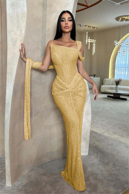 Lussooy Sage Shinning One Shoulder Sequins Sleeveless Split Prom Dress with Pleated