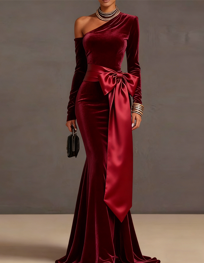 Gold Satin Off-the-shoulder Long Sleeves Maxi Dress