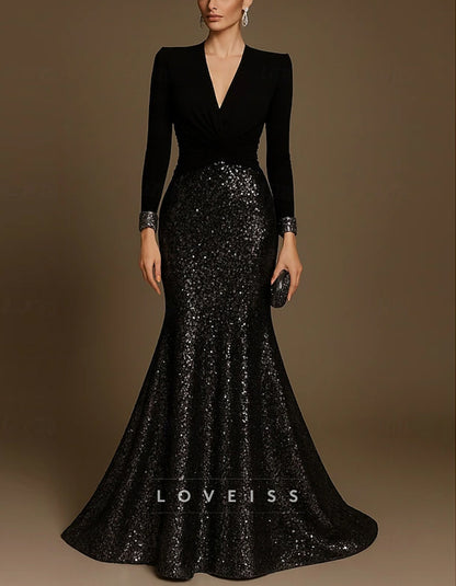 Black Mermaid V-neck Sequins Maxi Dress
