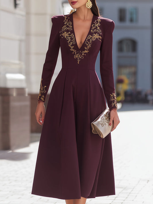 Embellished Burgundy Long-Sleeve Midi Dress