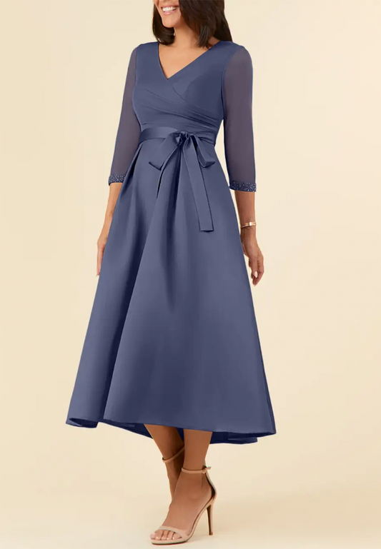 V-Neck Half Sleeves Pleated A-Line Mother of Bride Dress