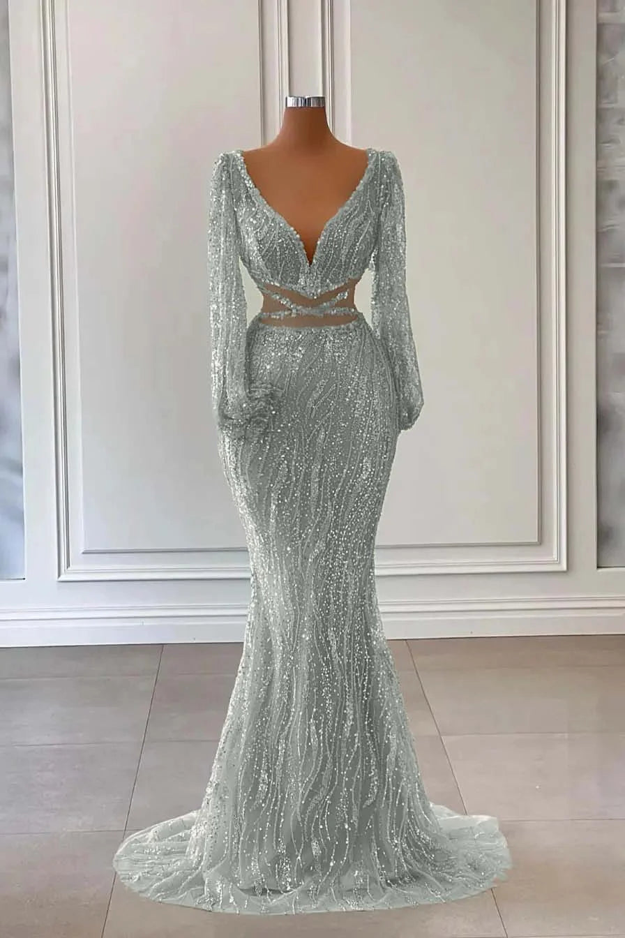 Light Green Long Sleeves V-Neck Mermaid Evening Dress With Sequins Beads