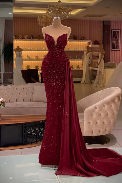 Lussooy Blue Strapless Beautiful Slit Mermaid Prom Dress With Beadings