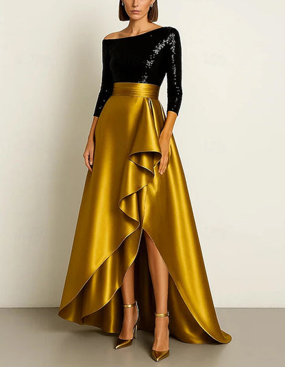 Gold Satin Off-the-shoulder Long Sleeves Maxi Dress