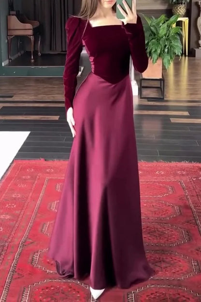 Color Matching Square Neck Patchwork Lace Up Maxi Dresses