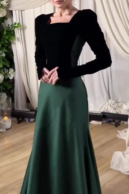 Color Matching Square Neck Patchwork Lace Up Maxi Dresses