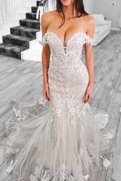 Attractive Mermaid Off the Shoulder Tulle Appliques Wedding Dresses