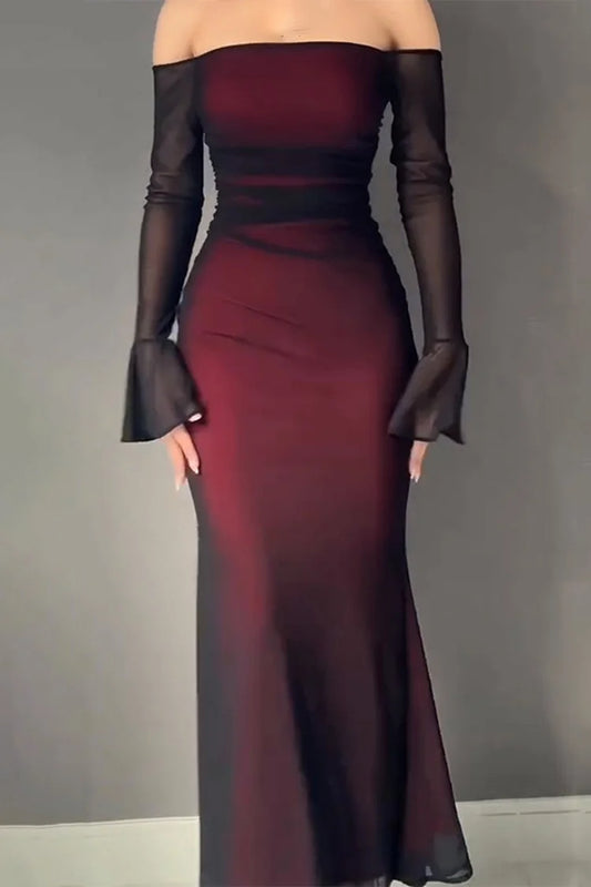 Gradient Flare Sleeve Off Shoulder Bodycon Maxi Dresses-Red