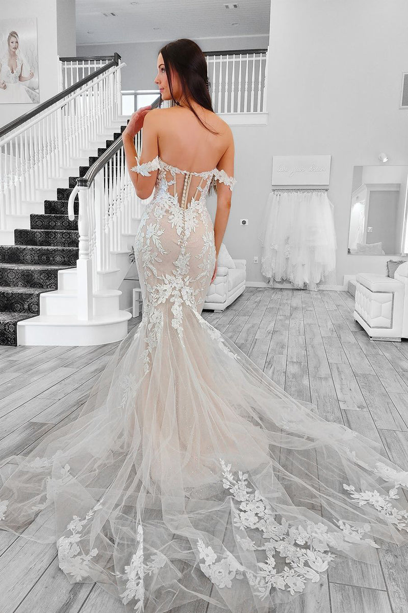 Attractive Mermaid Off the Shoulder Tulle Appliques Wedding Dresses