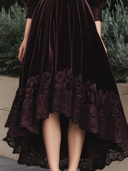 Luxurious Burgundy Velvet Belted Dress With Lace Trim