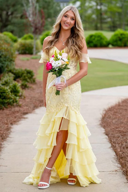 Cute Mermaid Sweetheart Daffodial Tiered Chiffon Prom Dress with Slit