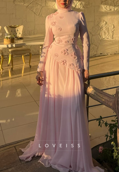 High Neck Appliques Long Sleeves A-Line Evening Dress
