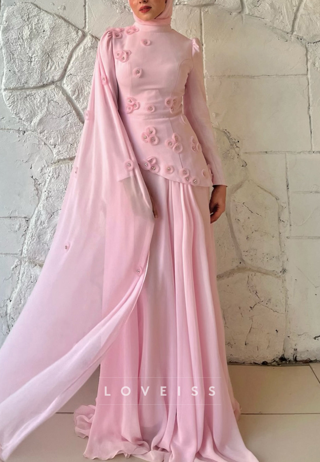 High Neck Appliques Long Sleeves A-Line Evening Dress