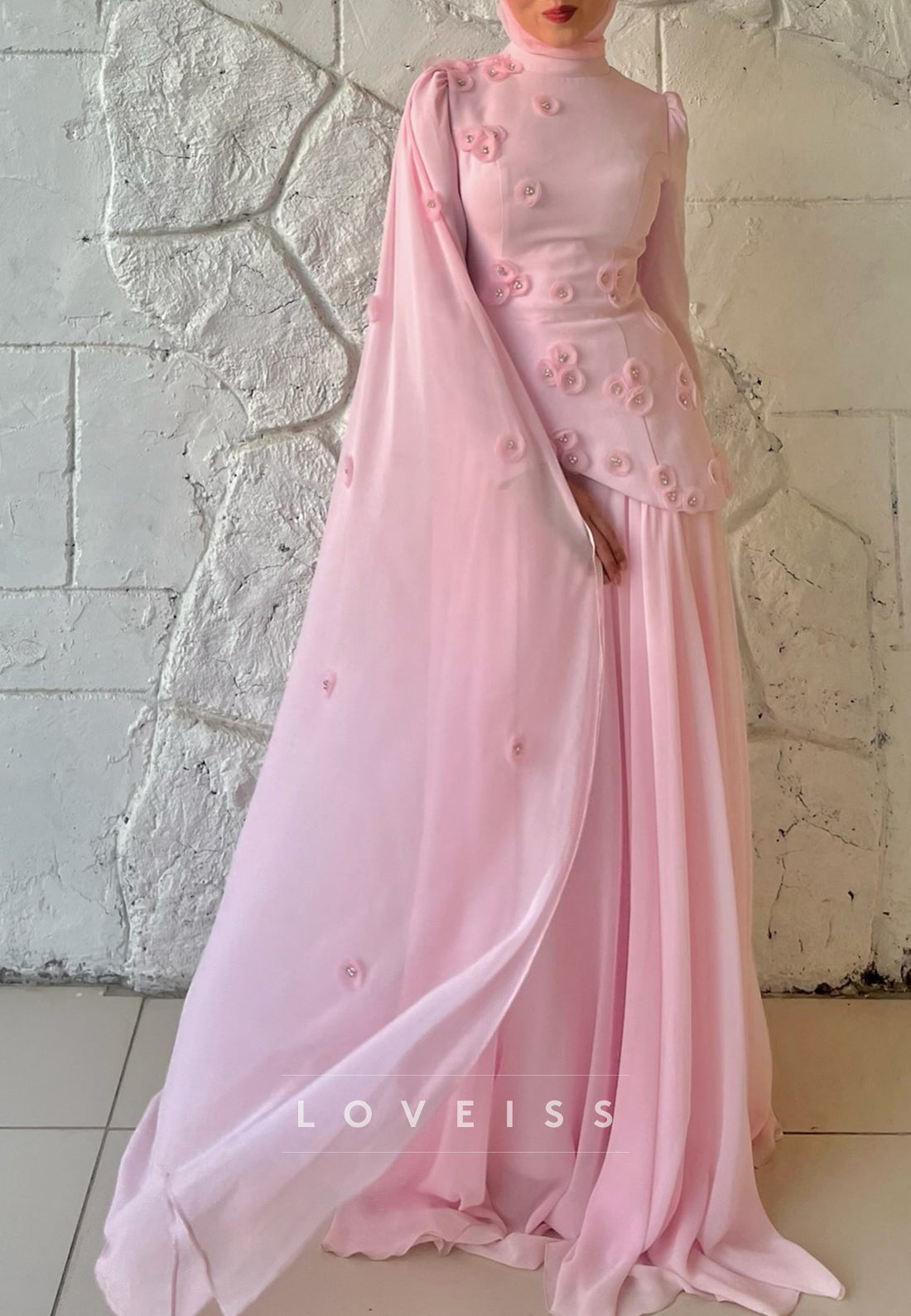 High Neck Appliques Long Sleeves A-Line Evening Dress