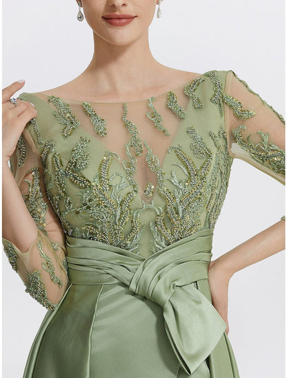 A-Line Evening Gown Elegant Dress Formal Floor Length 3/4 Length Sleeve Jewel Neck Satin with Slit Embroidery Appliques