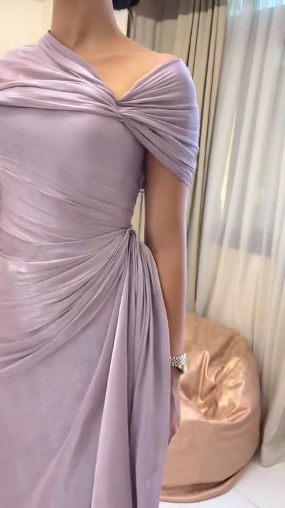 Elegant Lilac Draped Evening Dress with Cape
