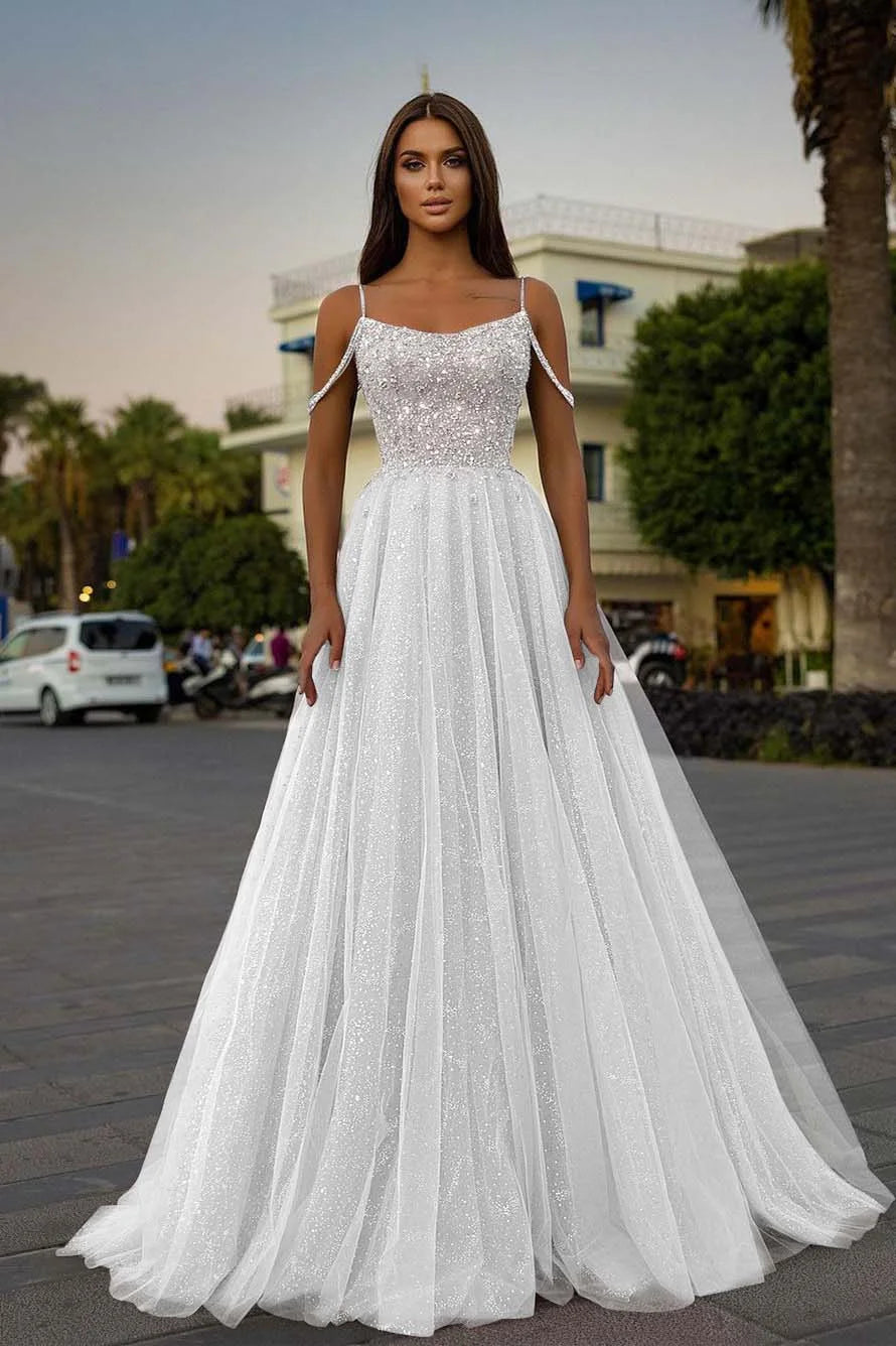 Tulle A-Line Long Spaghetti-Straps Prom Dress With Sequins Beads