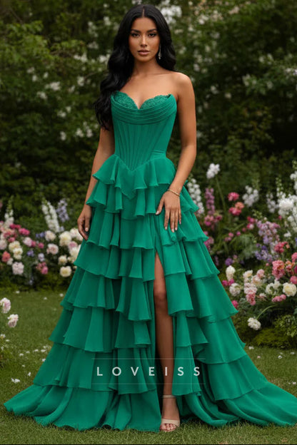 Gorgeous A Line Sweetheart Green Chiffon Tiered Prom Dress with Slit