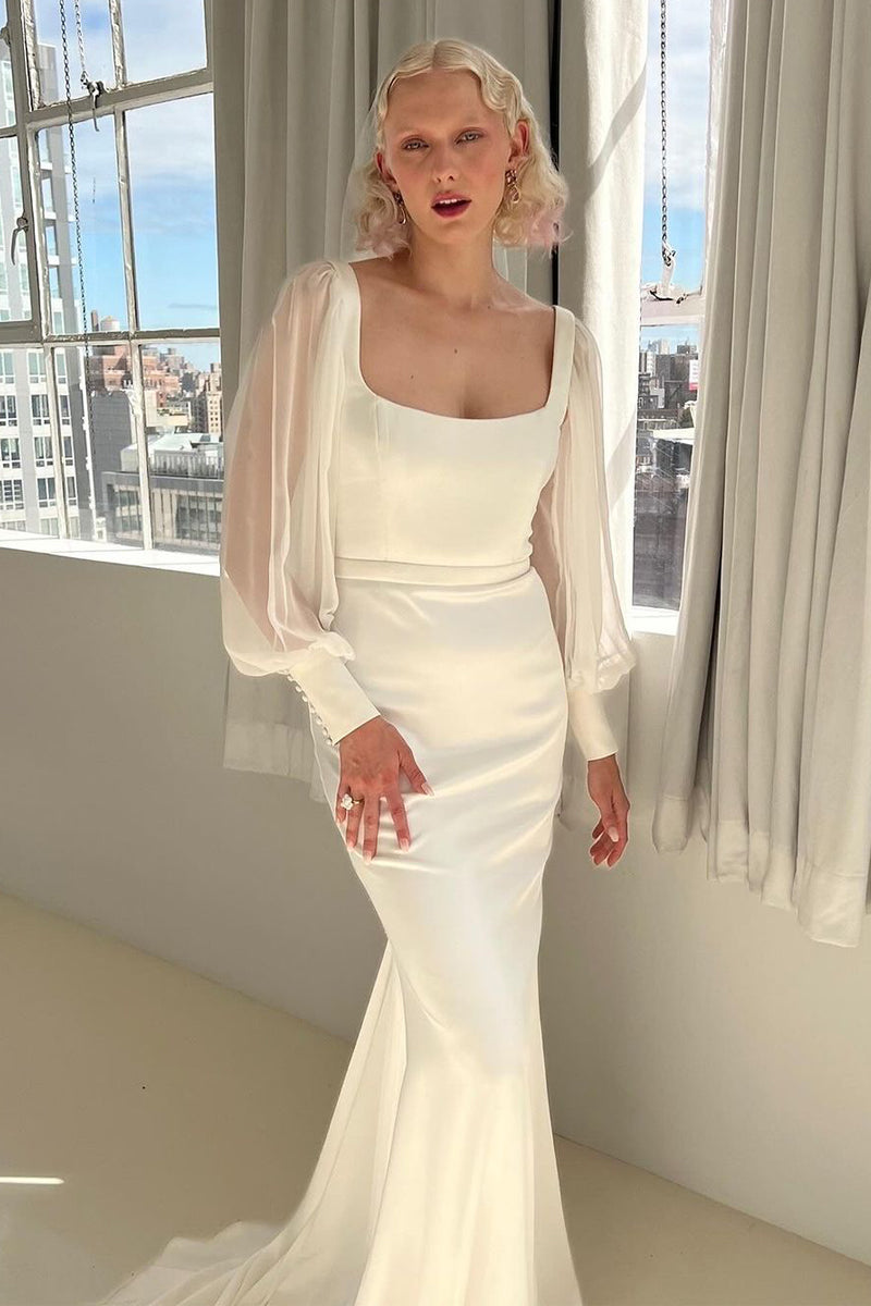 Vintage Mermaid Square Neck Long Sleeves Wedding Dresses