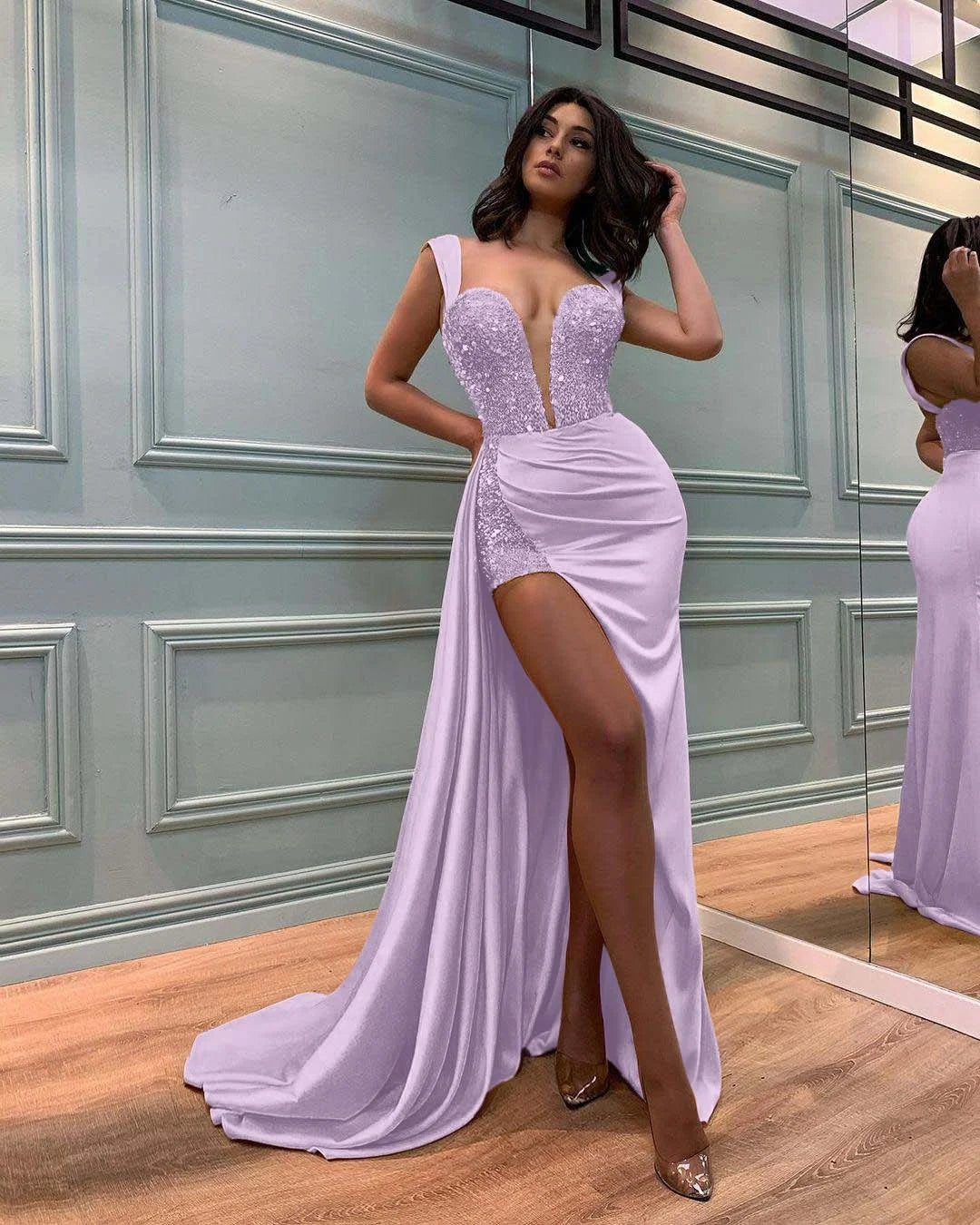 Stain Yellow Sequins Slit Prom Dress with Ruffles