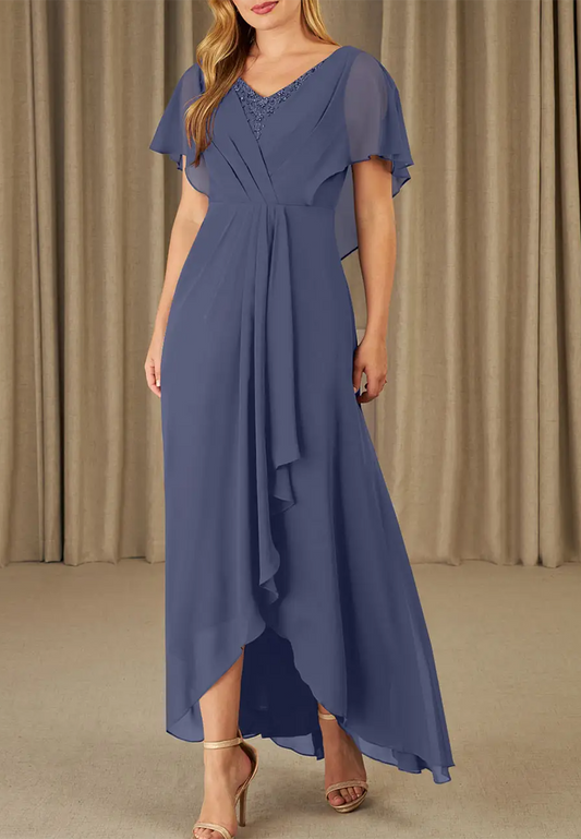 V-Neck Short Sleeves Chiffon Ruffled Long Mother of Bride Dress