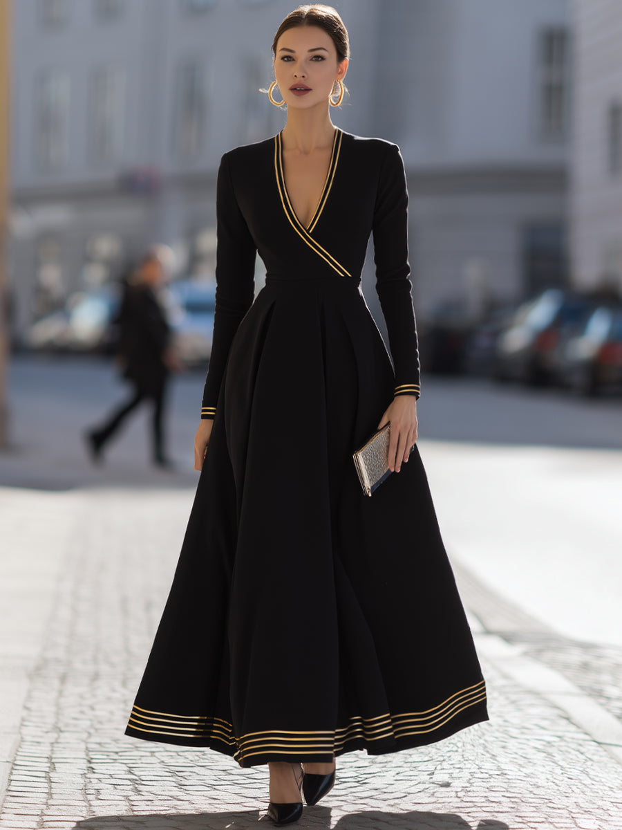 Black Dress With Yellow Stripes And Pleated Skirt