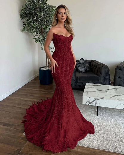 Shining Sequins Mermaid Prom Dress with Feathers