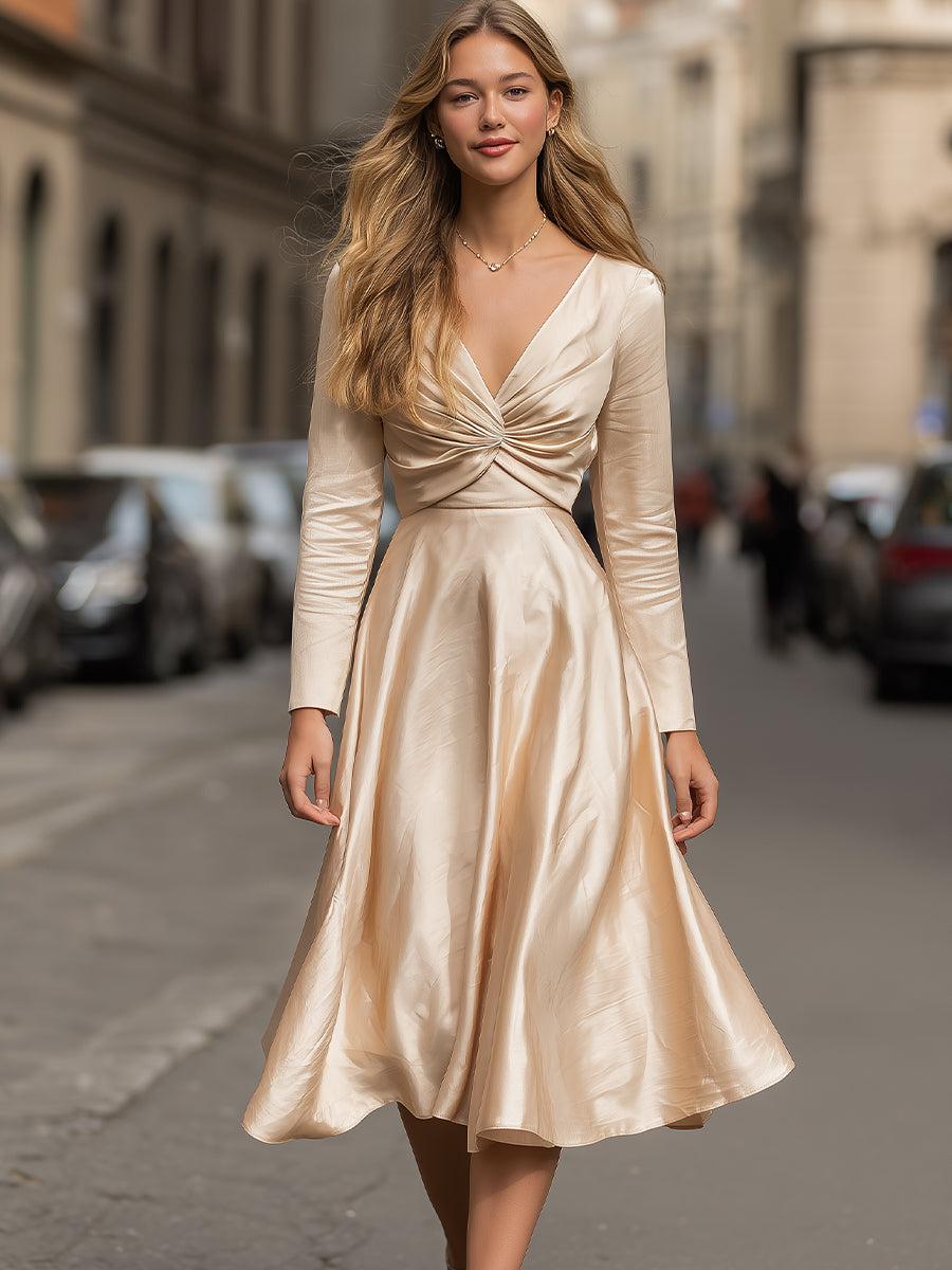 Champagne Satin Twist-Front Midi Dress