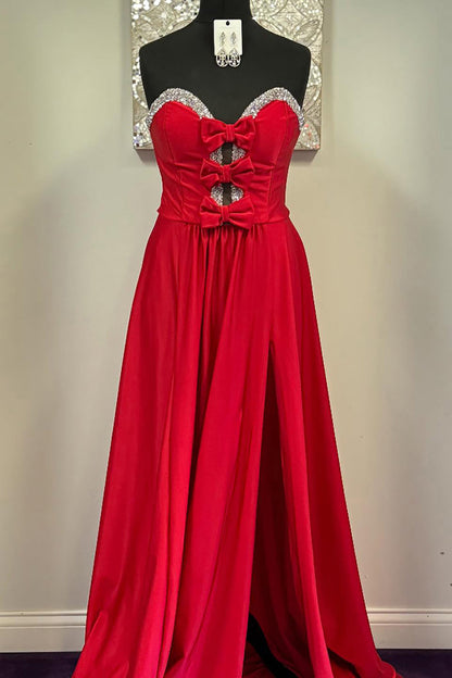 A-Line Sweetheart Keyholes Red Satin Long Prom Dresses with Pockets
