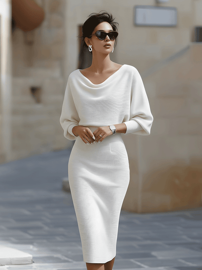 white batwing dress White Draped Batwing Midi Dress