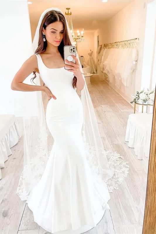 Charmeuse Sleeveless Square Wedding Dress Mermaid