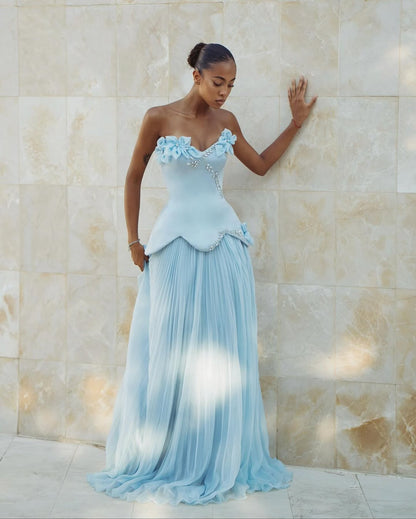 Lussooy Charming Sky Blue Sleeveless Sweetheart Prom Dress with Rhinestone