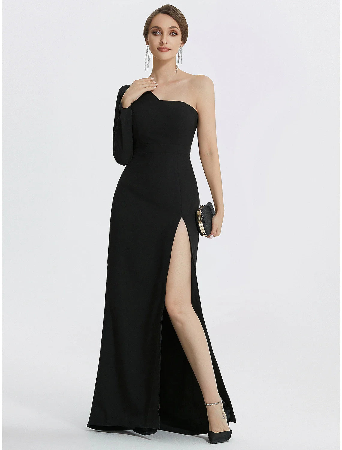 Mermaid Evening Gown Elegant Black Dress Wedding Guest Prom Floor Length Long Sleeve One Shoulder Stretch Fabric with Slit