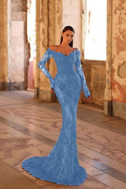 Lussooy Black Satin Off the Shoulder Amazing Long Sleeves Split Prom Dress with Feathers