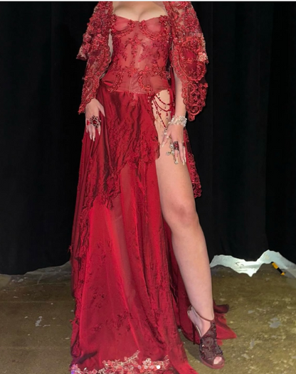 Burgudny Off Shoulder Long Dress Evening Party Dress with Veil