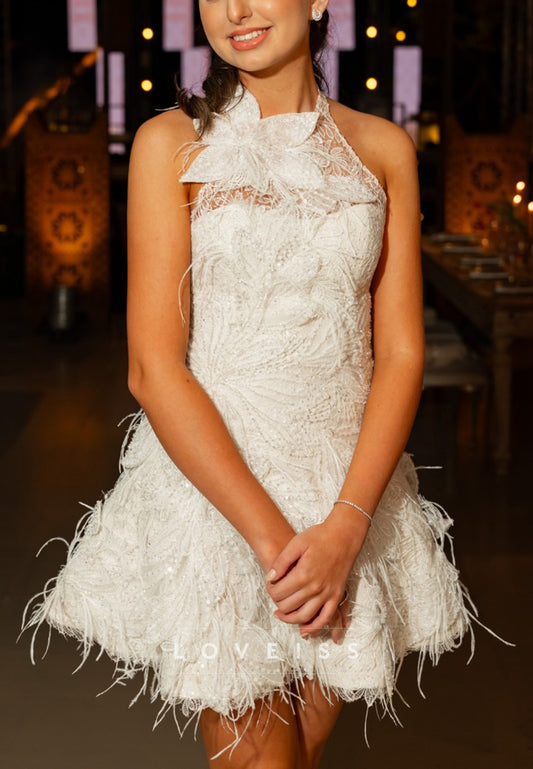 Halter Appliques Feathered A-Line  Short Wedding Dress