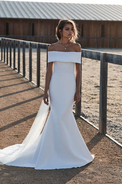 Fold Off-the-shoulder Satin Mermaid Wedding Dresses Simple