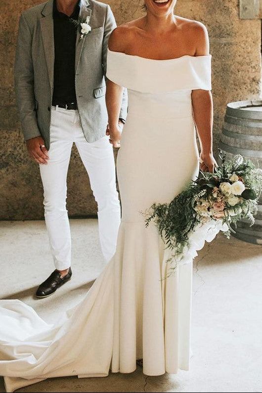 Fold Off-the-shoulder Satin Mermaid Wedding Dresses Simple