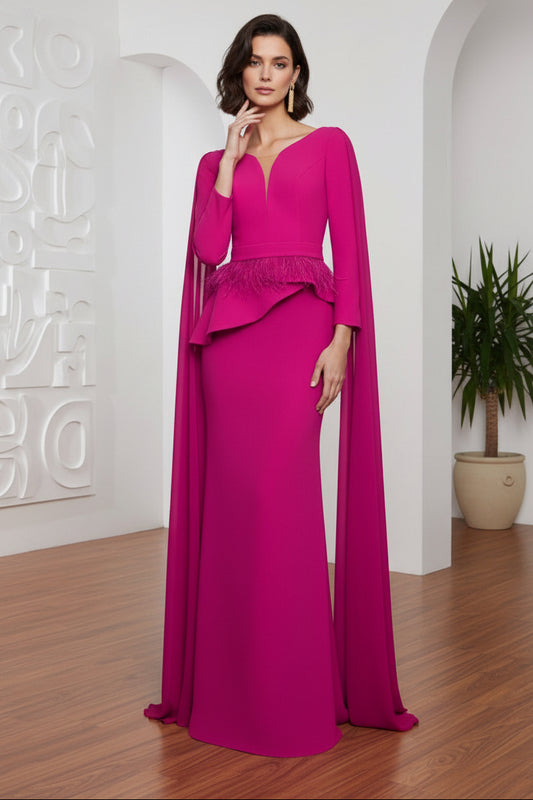 Fuchsia Mother of the Bride Dress with Cape & Feathers