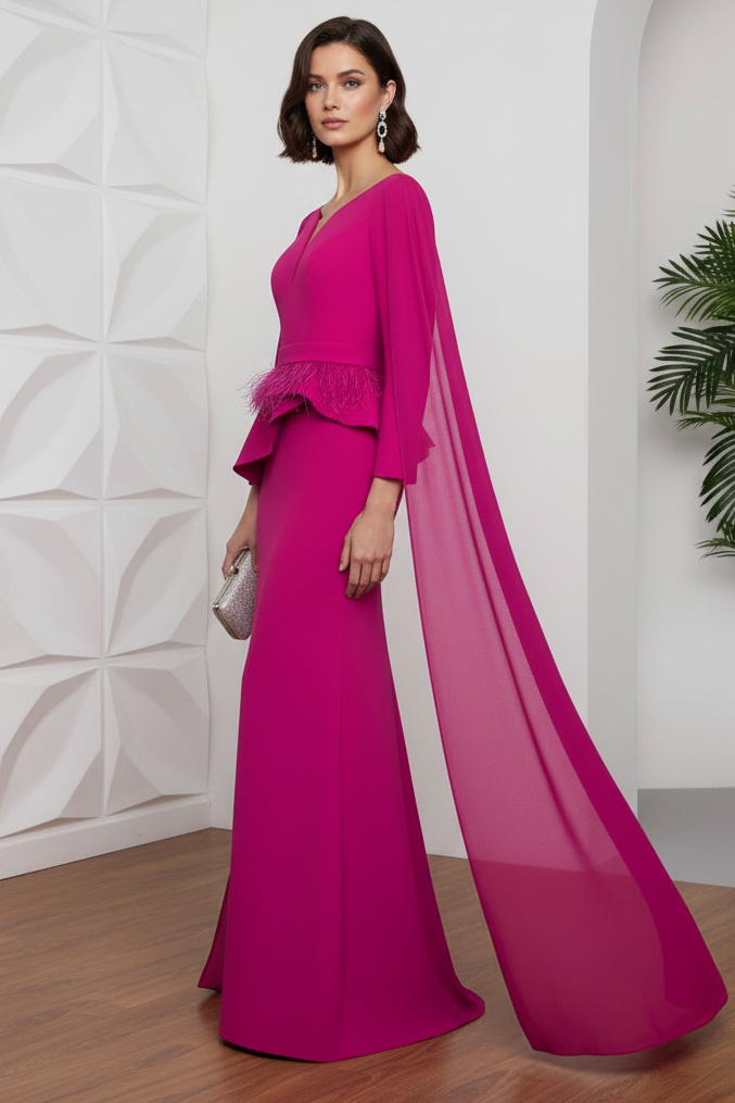 Fuchsia Mother of the Bride Dress with Cape & Feathers