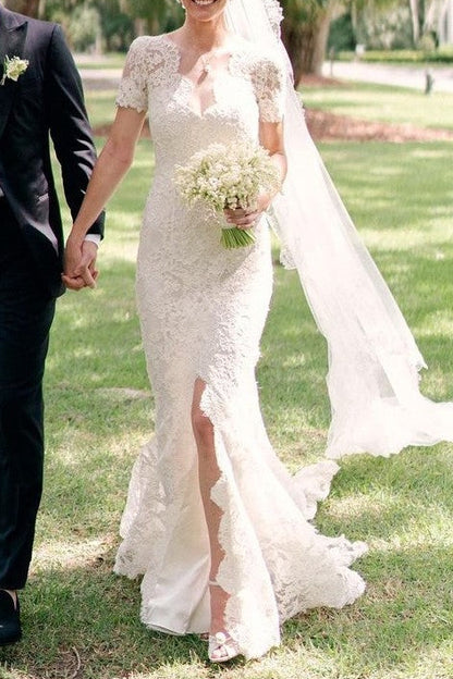 Full Lace Wedding Dresses with Short Sleeves