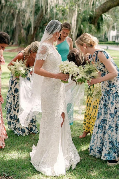 Full Lace Wedding Dresses with Short Sleeves