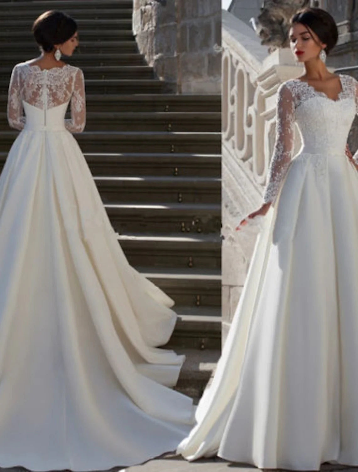 Engagement Formal Wedding Dresses A-Line V Neck Long Sleeve Court Train Satin Bridal Gowns With Appliques
