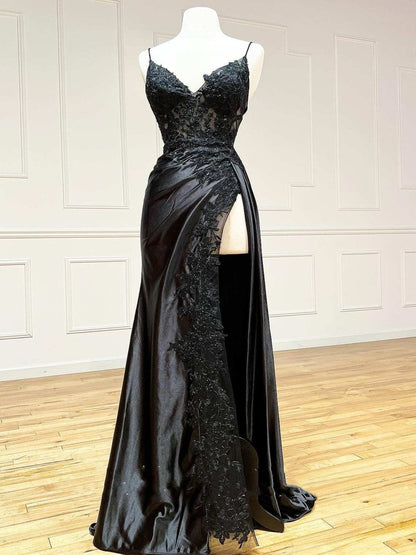 V-Neck Spaghetti Straps Appliques Ruched High Slit Prom Dress