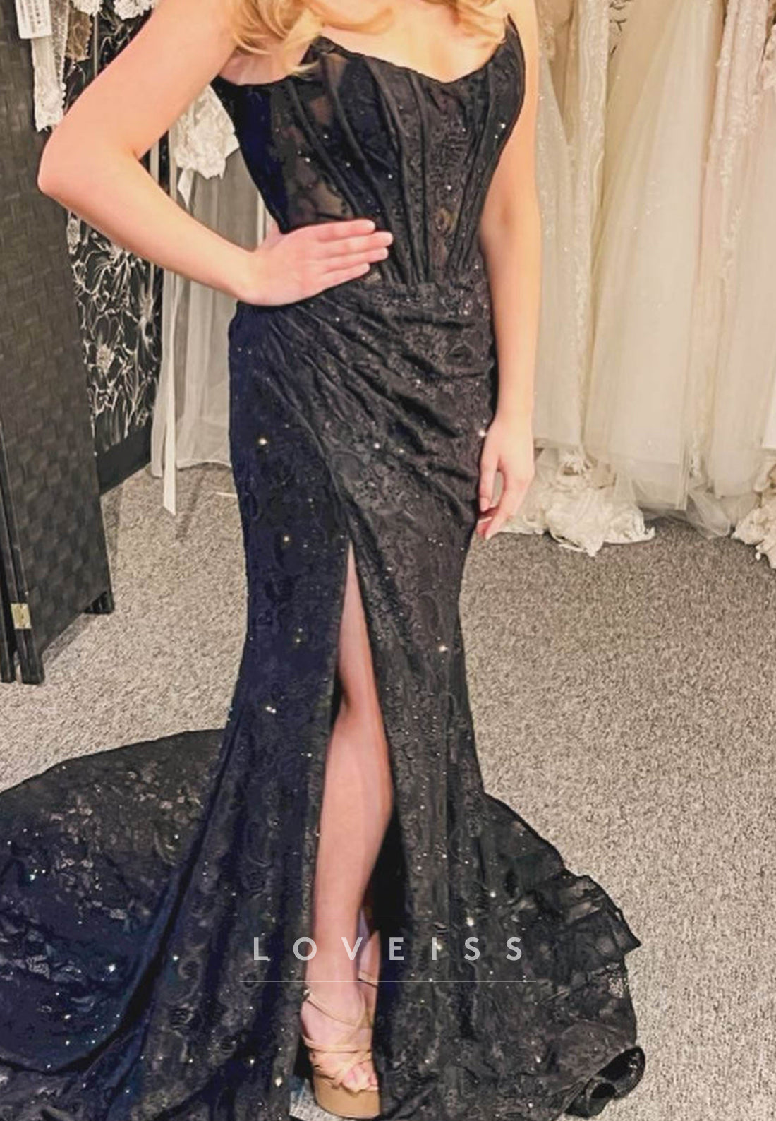 Strapless Sleeveless Appliques Ruched High Slit Sheath Prom Dress