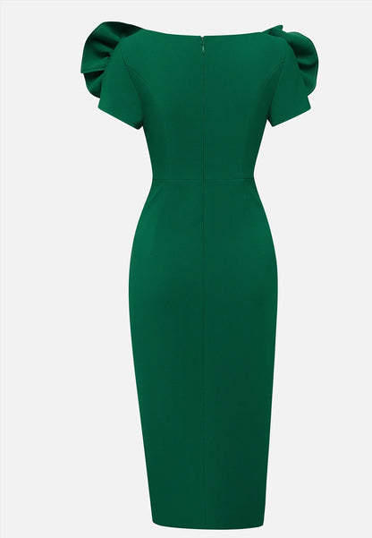 Green 3D Floral Ruched V Neck Sheath Midi Dress